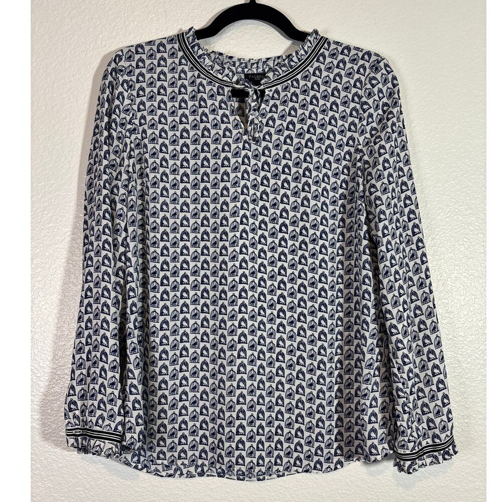 Talbots Size Mp Medium Petite Bird Cage Print Grosgrain-Trim Crinkle Blouse